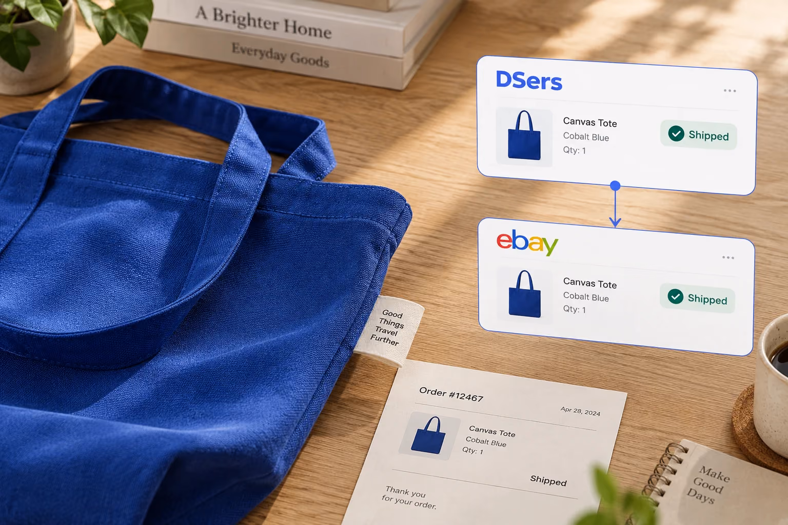 Matching shipped order statuses in DSers and eBay beside a blue canvas tote